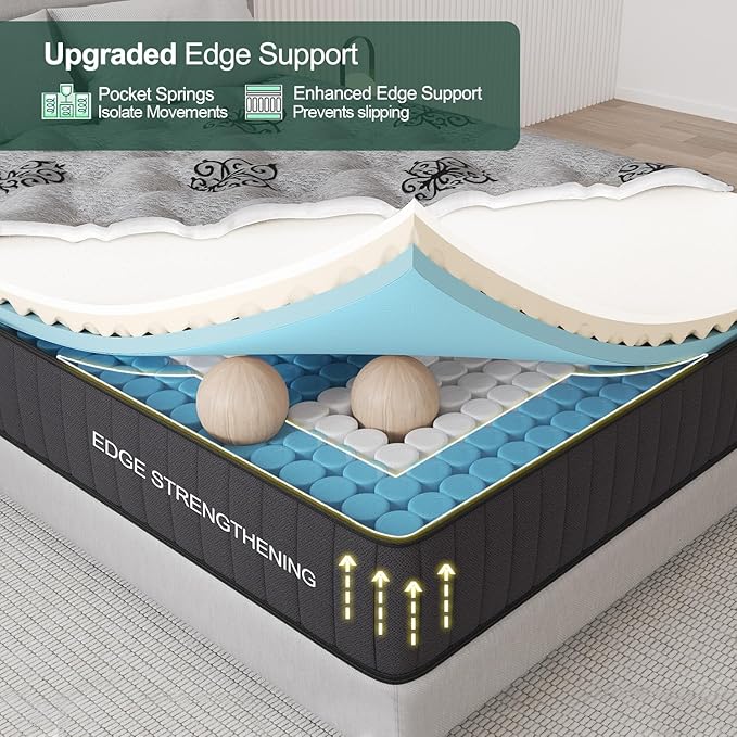 Twin Mattress, 9 Inch Hybrid Mattresses Bed in a Box with Gel Memory Foam & Pocket Spring, Euro Top, Medium Firm for Back Support & Pressure Relief, Motion Isolation, Grey