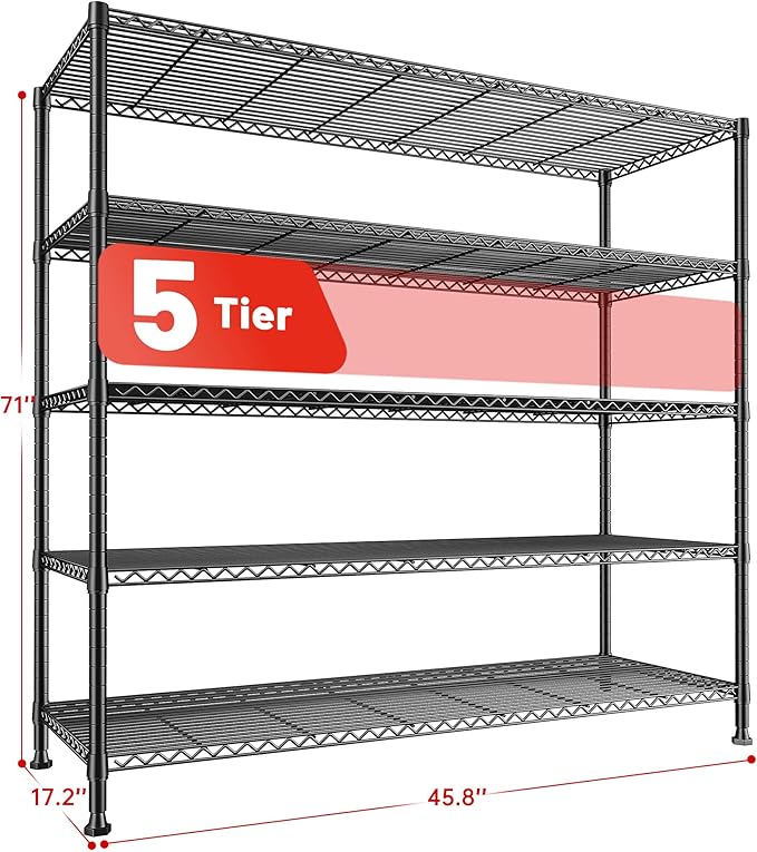 REIBII 45.5''W Storage Shelves 5 Tier Wire Shelving Metal Shelves for Storage 1000LBS Adjustable Heavy Duty Metal Shelving Unit Storage for Pantry Kitchen Garage 45.5" W x 71" H x 17.5" D 4PCS