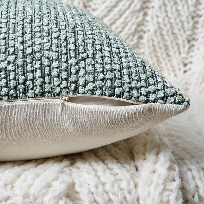 DEZENE Striped Throw Pillow Covers 12x20 Set of 2 Green Textured Polyester Chic Morden Boho Accent Farmhouse Rectangular Lumbar Decorative Couch Pillow Covers for Home Decor Bed Sofa Living Room
