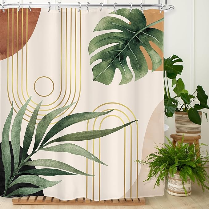 Glawry Boho Plant Shower Curtain 72Wx72L Inches Mid Century Botanical Tropical Abstract Minimalist Bohemian Leaves Bathroom Curtains Set Palm Leaf Green Bath Accessories Art Home Decor Fabric