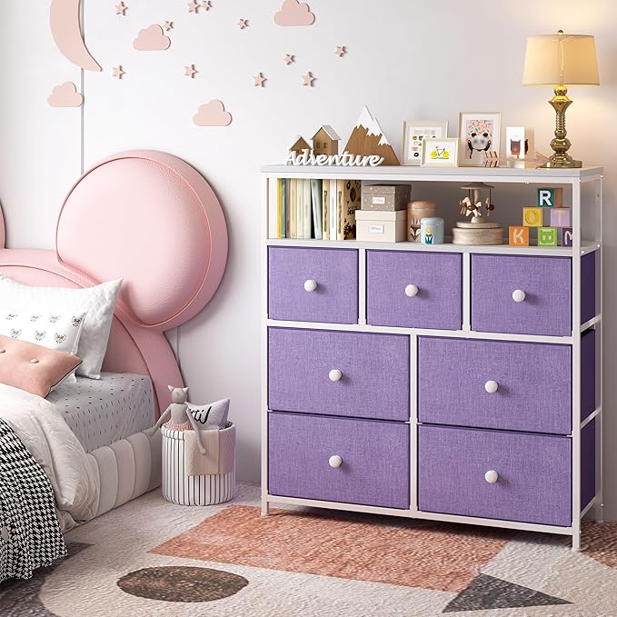 EnHomee Tv Stand for Bedroom with 7 Fabric Dressers and 2 Shelves，Dressers & Chests of Drawers for Closet，Hallway，Entryway，Dormitory，Purple Storage Drawers