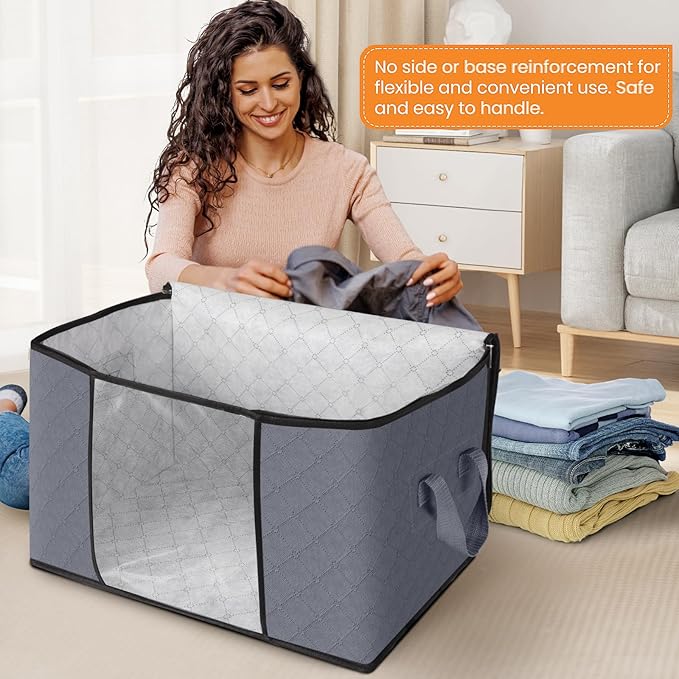 Fab totes 90L Clothes Storage, Foldable Thick Fabric Blanket Storage Bags, Containers for Organizing Bedroom, Closet, Clothing, Comforter, Organization with Handle (4 Pack,Grey)
