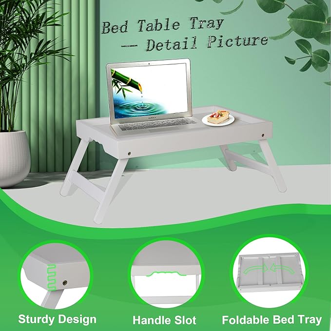 Bed Tray Table for Eating with Folding Legs, Bamboo Breakfast Table in Bed for Eating on Couch, Bed, Laptop Computer Tray(White, Medium)