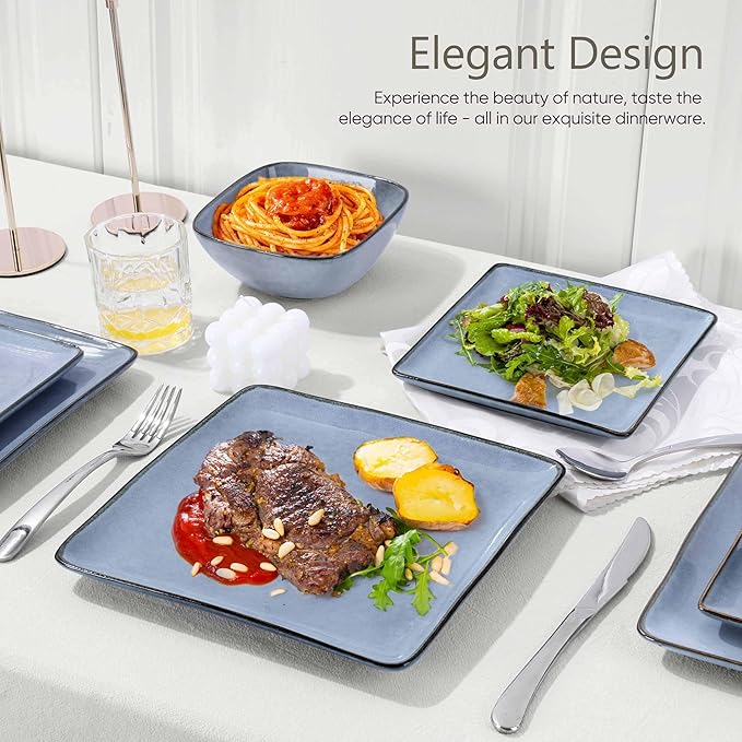 Herogo 12-Piece Square Stoneware Dinnerware Set for 4, Dinner Plates and Bowls Sets, Double Reactive Glaze Dishware Place Setting for Kitchen, Scratch Resistant, Microwave Safe, Haze Blue