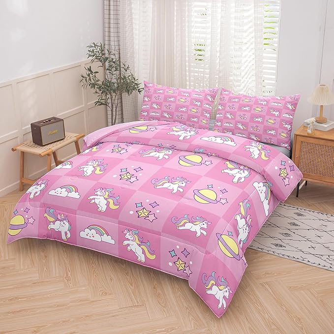 Tailor Shop Pink Bedding Sets for Girls Kids Chessboard Grid Unicorn Comforter King Size Girls Comforter Set Unicorn Room Decor Ultra Soft Bed Set with 2 Pillowcase…