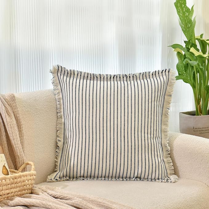 ZWJD Throw Pillow Covers 18x18Set of 2 Striped Pillow Covers with Fringe Chic Cotton Decorative Pillows Square Cushion Covers for Sofa Couch Bed Living Room Farmhouse Decor
