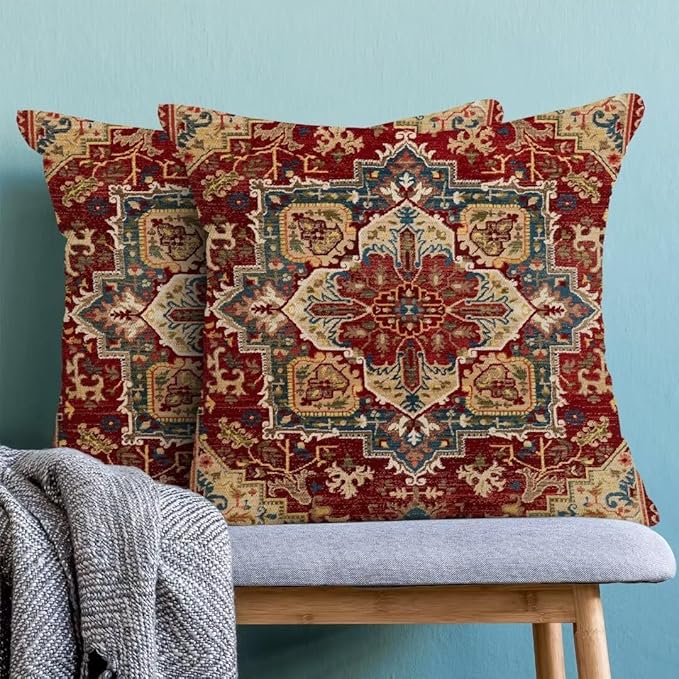 BETGINY Boho Pillow Covers 18 x 18 Inch Pack of 2, Burgundy Red Bohemian Rug Carpet Pattern Decorative Throw Pillow Cases Outdoor Linen Farmhouse Cushion Cover for Bedroom Home Sofa Decor