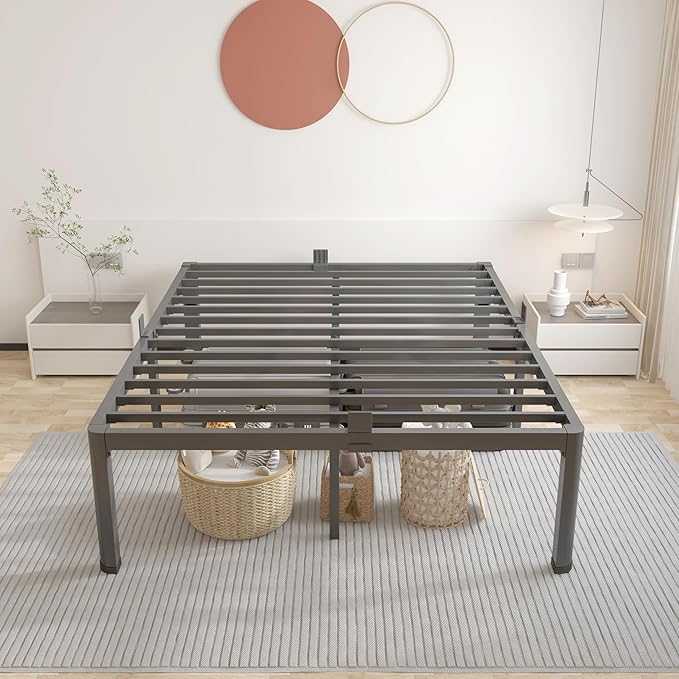 ROIL 16 Inch California King Bed Frame with Rounded Corner and Headboard Hole Mattress Retainers 3500LBS Metal Heavy Duty Steel Slats No Box Spring Needed Platform Noise-Free Easy Assembly