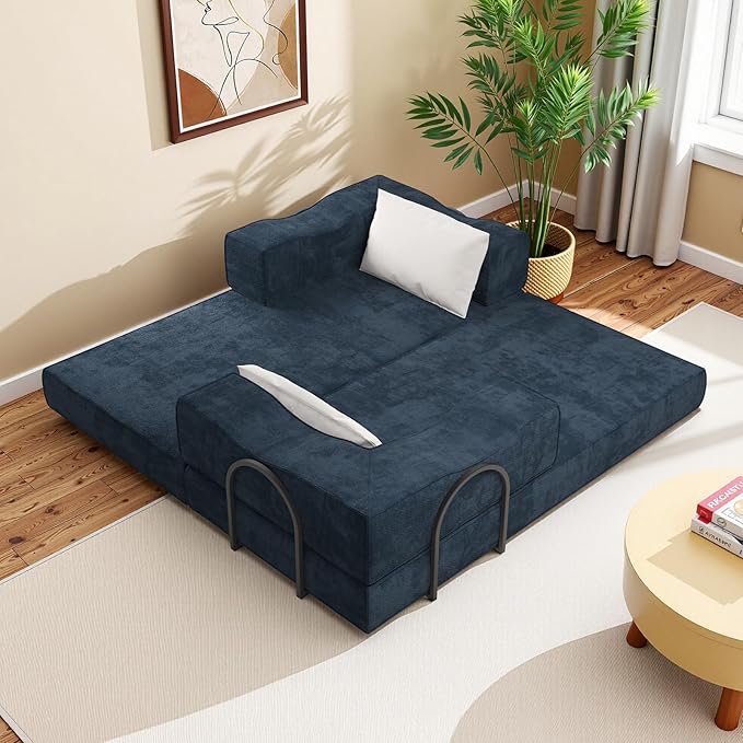 Rovibek 80-Inch 4-in-1 Boneless Sofa Bed – Corduroy Convertible Loveseat Sleeper, Fixed-Shape Frame, No Assembly Required, Space-Saving Pull-Out Futon for Living Room & Bedroom, Blue