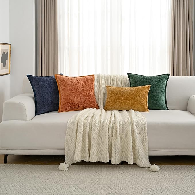 FUTEI Orange Chenille Throw Pillow Covers 24x24 Inch Set of 2,Soft Cozy Bound Edge Design European Cushion Cover,Home Decor for Couch Bed Living Room