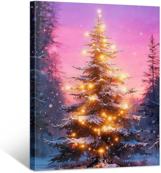Framed Christmas Pictures Wall Decor,Vintage Pine Tree Prints,Winter Christmas Canvas Wall Art Decoration for Bedroom Bathroom Living Room Rustic Xmas Holiday Gifts (Christmas Tree 18, 16'' X 20'')