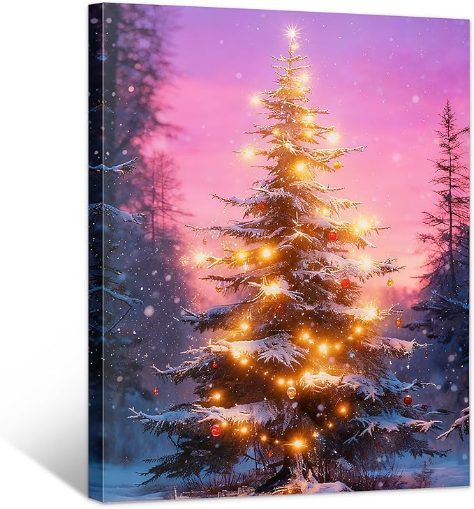 Framed Christmas Pictures Wall Decor,Vintage Pine Tree Prints,Winter Christmas Canvas Wall Art Decoration for Bedroom Bathroom Living Room Rustic Xmas Holiday Gifts (Christmas Tree 18, 11'' X 14'')