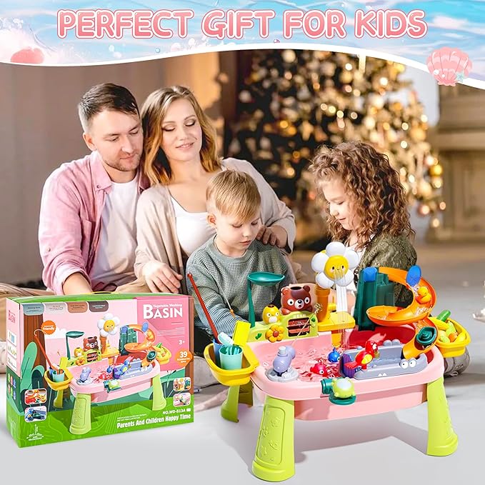 Upgraded Toddler Sand Water Table Toy with Electric Water Pump, Kids Sand Water with Faucet/Play Food Accessories/Fishing Toy, Kitchen Play Sink Toys for Girl Boy Age 3+