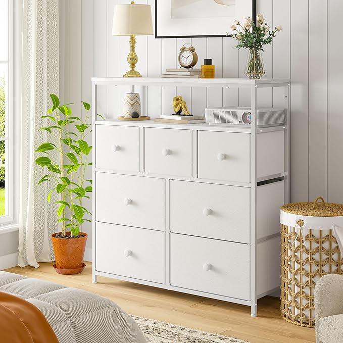 EnHomee Dresser for Bedroom with 7 Drawers and 2 Shelves,Tv Stand for Bedroom White Fabric Dresser for Closet,Hallway,Entryway,Dormitory