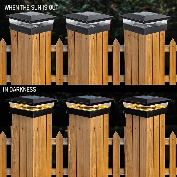 TW SHINE Solar Post Cap Lights Outdoor, 6 Pack Waterproof Solar Powered Deck Fence Post Lights, Warm White Post Light for Garden Patio Porch for 4x4, 5x5 or 6x6 Wooden Posts