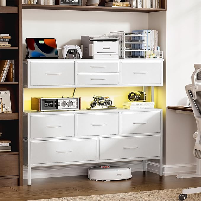 REAHOME Dresser TV Stand with Charging Station and LED Lights, 55” TV Stand Entertainment Center with 9 Drawers, Steel Frame, Large Storage Chest of Drawers for Bedroom, Living Room, White