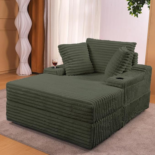 Garvee Oversized Chaise Lounge Chair Indoor with Storage Ottoman, Upholstered Corduroy Sofa Bed Cloud Couch with 3 Pillows, Single Sleeper Sofa Chair for Living Room, Bedroom