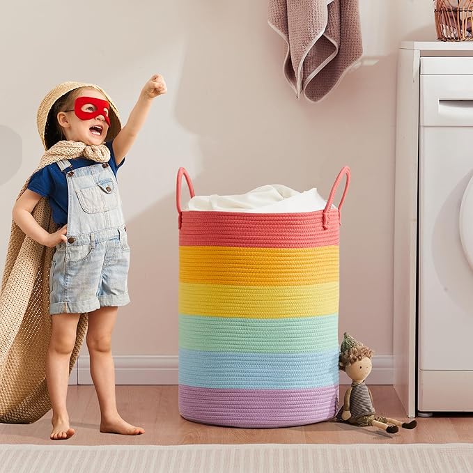 Rainbow Baby Girls Kids Hamper Laundry Basket for Nursery Toddler Clothes Blanket Basket for Toy Woven Rope Unicorn Hamper in Playroom Bedroom
