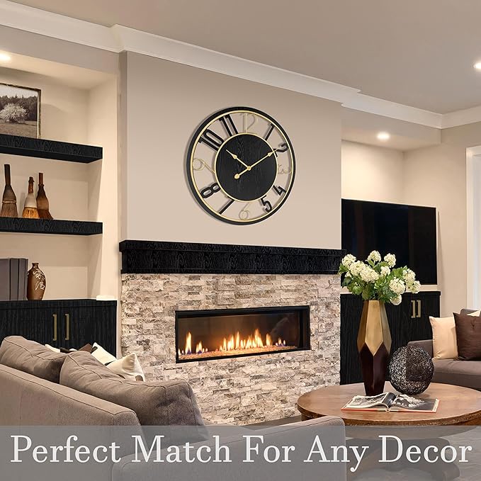 Sorbus 24-Inch Large Wall Clock – Wooden Decorative Clock for Living Room, Kitchen, Bedroom, Office – Easy to Hang Analog Wall Art (Black)