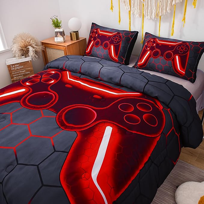 NTBED Game Console Comforter Set for Boys Girls Kids 3D Gaming Geometric Lightweight Microfiber Gamer Bedding Sets (Red, Twin 5Pcs)
