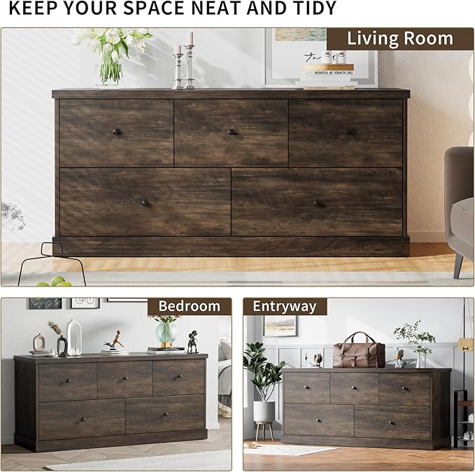 JUMMICO Dresser for Bedroom, Wide Chest of Drawers with 5 Wood Dresser Drawers, Modern Design for Bedroom, Living Room, Hallway, and Entryway (Brown)