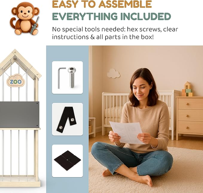 Extra Large Stuffed Animal Storage Zoo – Wooden Vertical Plush Toy Organizer & Storage with Built-in Chalkboard, 3 Chalks & Holder, Tool-Free Assembly, Anti-Tip Strap & Bumpers
