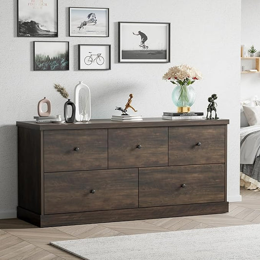 JUMMICO Dresser for Bedroom, Wide Chest of Drawers with 5 Wood Dresser Drawers, Modern Design for Bedroom, Living Room, Hallway, and Entryway (Brown)