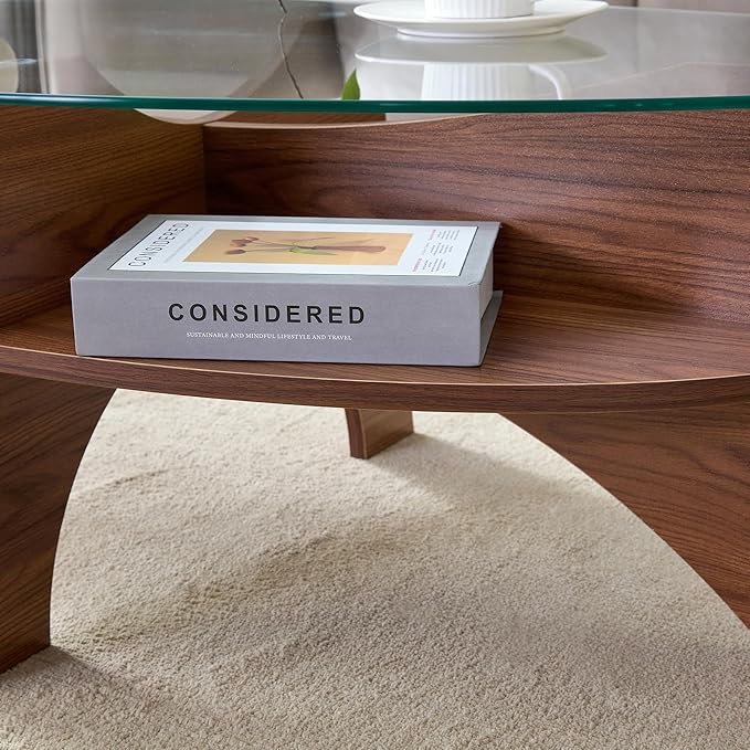 41" Oval Glass Coffee Table with Tempered Glass Top and MDF Base, Diagonal Fan-Shaped Tray Design Table Leg Simple & Modern Center Table for Living Room Office Apartment Walnut