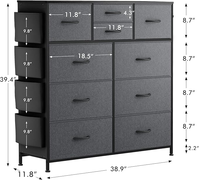 Lulive Dresser for Bedroom with 10 Drawers, Chest of Drawers Fabric Storage Tower, Organizer Unit for Living Room, Hallway, Closet
