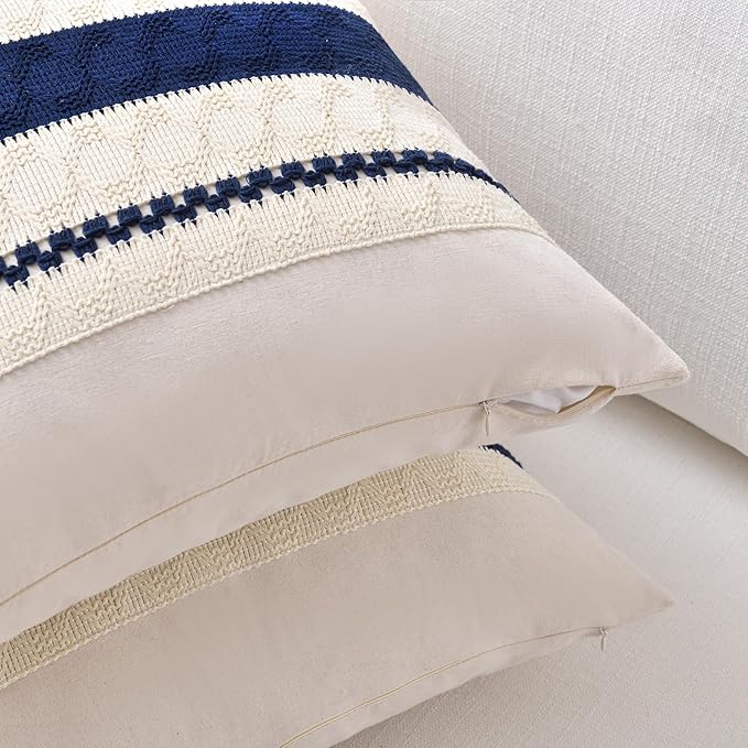 Fancy Homi Set of 2 Navy Blue Euro Decorative Throw Pillow Covers 26x26 Inch for Couch Bed Sofa Living Room, Aesthetic Modern Organic Farmhouse Home Decor, Soft Cotton Woven Textured Cushion Case