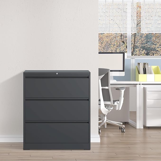 Locking Filing Cabinet with 3 Drawer Heavy Duty Large Metal File Cabinet Home Office Black Lateral File Cabinets Wide Steel Cabinet for Legal/Letter Size File,Assembly Required