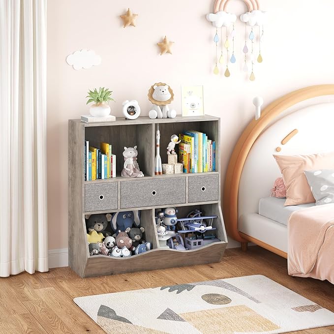 7-Cubby Large Kids Toy Storage Organizer, Children Wood Bookcase and Bookshelf, 3-Tier Toy Storage Cabinet with 3 Drawers for Hallway, Playroom, Living Room, School,Gray