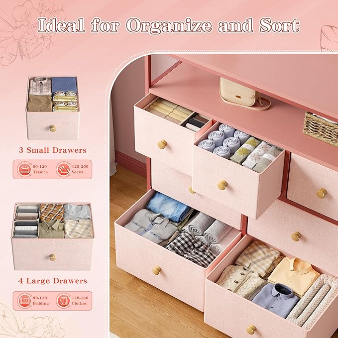 EnHomee Dresser for Bedroom with 7 Drawers and 2 Shelves,Tv Stand for Bedroom,Pink Dresser for Closet,Hallway,Entryway,Dormitory,Dorm Storage