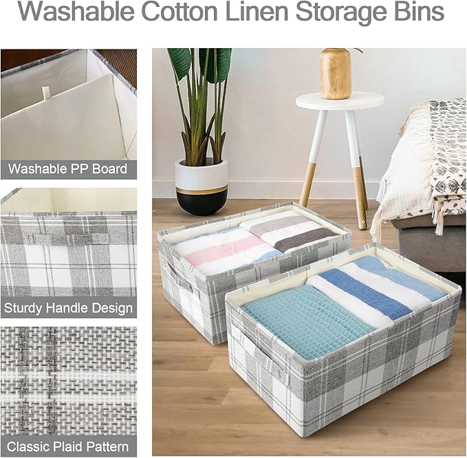 ANMINY 2PCS Storage Baskets Closet Storage Organizer Bins with Handles, Foldable Large Fabric Storage Bins for Shelves, Rectangular Baskets Laundry Clothes Blanket Cubes - Light Gray, Large