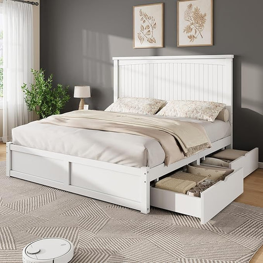 AMERLIFE King Size Solid Wood Bed Frame with 50" Tall Headboard, Mid-Century Modern Bed with Storage, Wooden Platform Bed with 2 Drawers, No Box Spring Needed, White