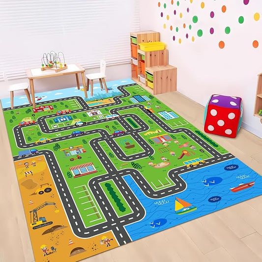 Kids Playmat Car Rug, Kids Play Rugs Town City Road Map Rug, Large Educational Car Mat, Boys Track Play Mat, Kid Rugs for Playroom Bedroom Living Room (Style 1, 78.7X 59 INCH)