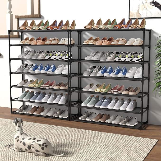 TY ARTS & CULTURE 2 Pack 7-Tiers Shoe Rack Organizer, Sturdy Metal Pipes & Durable Non-Woven Fabric, Space Saving Tall Shoe Shelf Hold 56-70 Pairs, Shoe Rack for Entryway (Black)