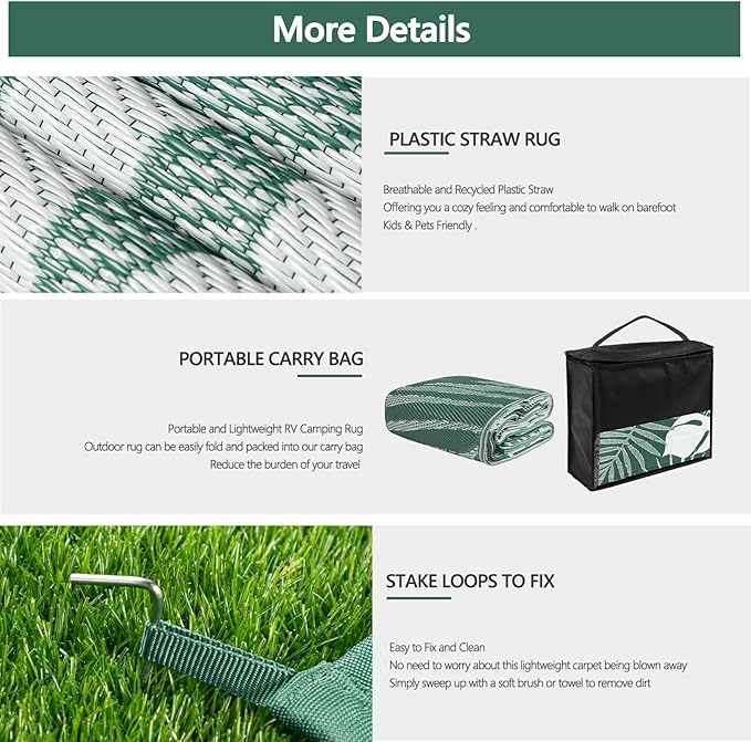 Waterproof Outdoor Rug 6x9 ft, Reversible Plastic Straw Mat with Leaf Pattern, Large Floor Mat for Patio, Camping, Picnic, Backyard RV, Deck, Dark Green