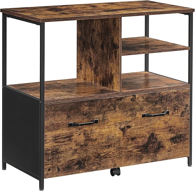 VASAGLE Lateral File Cabinet for Home Office, Filing Cabinet with Open Shelves and Drawer, for A4, Letter and Legal Sized Documents, Printer Stand, Rustic Brown and Ink Black UOFC043B01