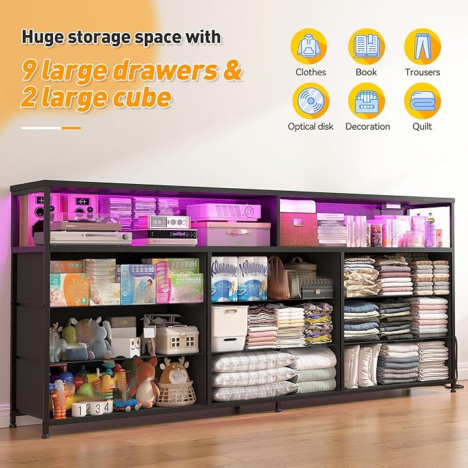 55” W Black Dresser for Bedroom with Charging Station & LED, 65" TV Stand for Bedroom with 9 Fabric Drawers, Sturdy Chest of Drawers with Open Storage Shelves for Closet, 55.12" Wx11.81 Dx35.43 H