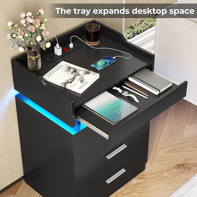 Large Nightstand with Charging Station and LED Lights, Black Night Stand with 3 Drawers and 1 Pull-Out Tray, End Side Table with Storage, Modern Bedside Table with Outlets