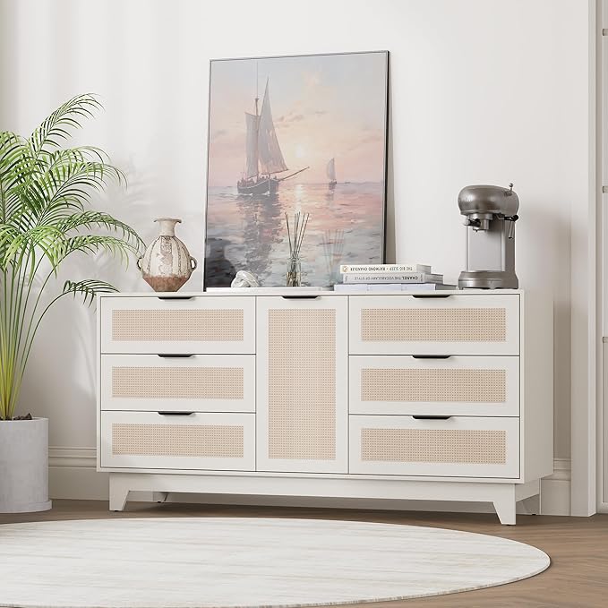 White Rattan Dresser,6 Drawers Dresser for Bedroom,55 "L Large Storage,Boho Farmhouse Style,TV Stand,Hallway,Entryway