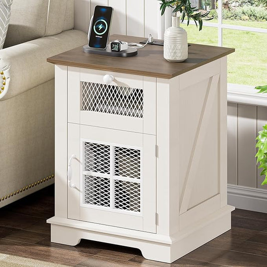 Nightstand with Charging Station, Farmhouse Night Stand with 1 Drawer and 1 Cabinet Magnetic Metal Mesh Barn Door, Rustic Wood Bedside for Bedroom, End Table, White