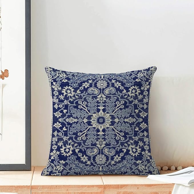 Navy Blue White Boho Pillow Covers 20x20 Set of 2, Carpet Design Decorative Boho Throw Pillows Linen Farmhouse Bohemian Cushion Pillow Covers for Sofa Couch Outdoor Decor