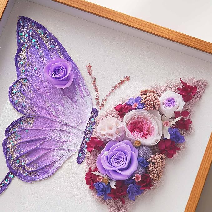 Handmade Butterfly Wall Art with Preserved Roses, 12x12 Shadow Box Frame Gifts, Unique Birthday & Anniversary Present for Women Mom Wife Girlfriend Daughter
