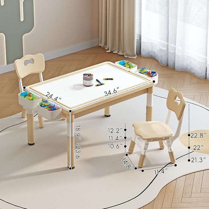 Kids Table and 2 Chairs with Storage, Children Water and Sand Activity Tables Height Adjustable, 34.6''L x 24.4''W Toddler Table for Buliding Blocks, Drawing, Eating, for Kids Age 2-10, Beige