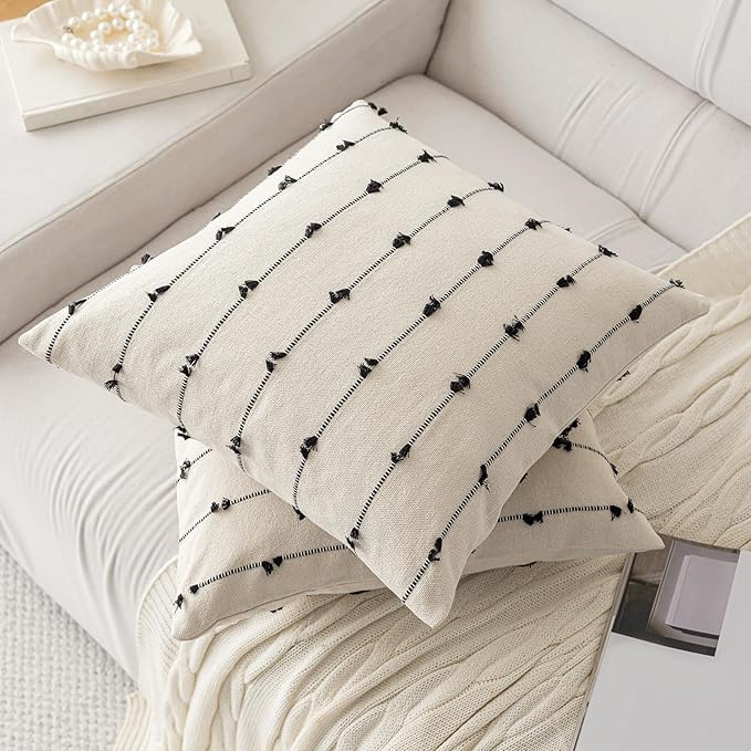 Boho Throw Pillow Covers 24x24 Set of 2 Modern Farmhouse Decorative Cushion Case Tufted Square Pillows Cover Neutral Pillow Cases Accent Pillowcase for Sofa,Couch,Bed,Beige and Black