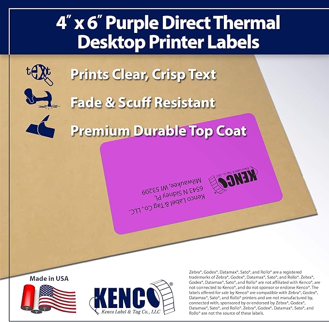 4" X 6" Direct Thermal Perforated Stickers Labels for Shipping Labels, Inventory, and Color Coding - Compatible with Zebra, Rollo, Godex and More (Purple, 12 Rolls)