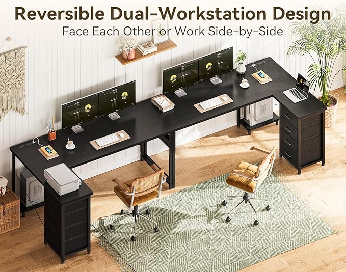ODK 61'' L Shaped Desk with 4 Drawers, Reversible Corner Desk with Storage, Gaming Table with Power Outlets, USB Ports, PC Case Shelf, Computer Desk for Home Office, Study, Easy Assembly, Black