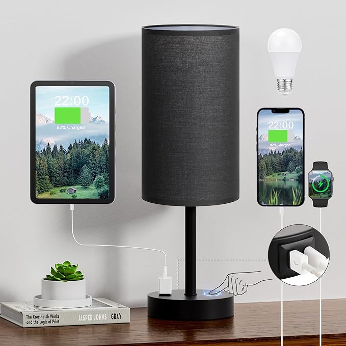 Touch Nightstand Lamp - Black, 3-Way Dimmable, USB A + C Charging, AC Outlet, 17.4inch Medium
